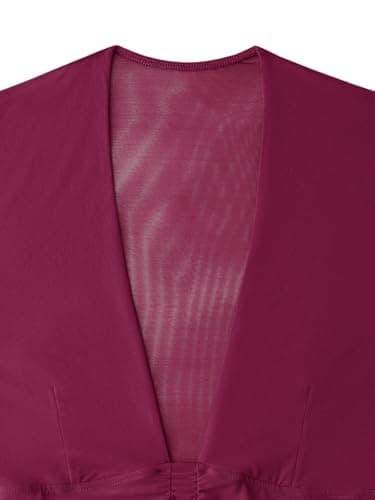 REORIA Women's Sexy Deep V Neck Long Sleeve Dress Mesh Sheer Ruched See Through Bodycon Maxi Long Dresses Cordovan Large - Thumbnail 6