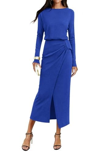 KIRUNDO Women’s Cocktail Wedding Guest Maxi Dress Lightweight Long Sleeve Boat Neck Knit Ruched Slit Slimming Dresses(Blue, XX-Large)