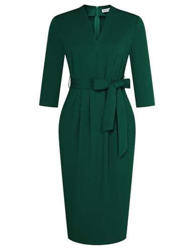 GRACE KARIN Women's Wear to Work Dresses V Neck 3/4 Sleeve Dress for Women Dark Green Cocktail Dress Semi Formal Dresses for Women with Belt S - Image 1