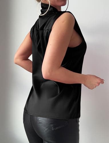 ZAFUL Women's Silk Satin Tank Tops Bow Tie Knot Mock Neck Casual Sleeveless Blouses Summer Basic Tanks Shirt Black S - Thumbnail 4