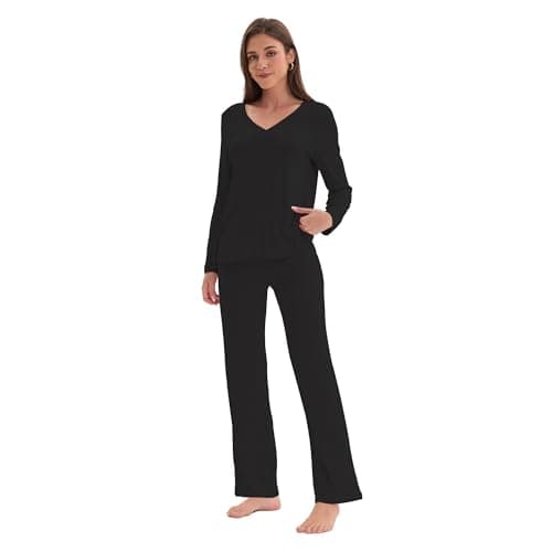 Navisting Women's Soft Knit Pajamas Set V-Neck Top and Pants Long Sleeve Two Piece Loungewear Elegant Wavy Hem Sleepwear with Color Options Black S - Thumbnail 2
