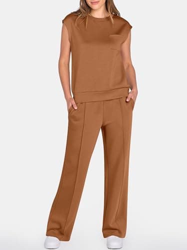 ANRABESS Two Piece Sets for Women Summer Sleeveless Sweatsuits Wide Leg Casual Lounge Set Matching Vacation Travel Outfits Medium - Thumbnail 2