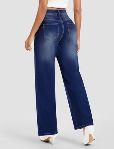 AVAMO Wide Leg Jeans Woman Stretchy Pull on Sweatpant Jeans for Women Elastic High Waisted Straight Leg Baggy Denim Pants Indigo - Thumbnail 6