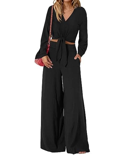 PRETTYGARDEN Women's 2 Piece Outfits 2025 Fall Fashion V Neck Long Sleeve Strappy Crop Top Wide Leg Pant Lounge Sets(Black,Large) - Image 1