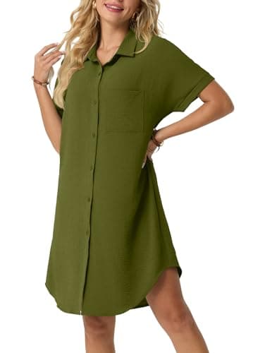 HiMONE Women’s Button Down Shirt Dress Cover Up Casual Loose Fit Short Sleeve Collared Tunic with Pocket Lightweight Beach Coverup - Image 1