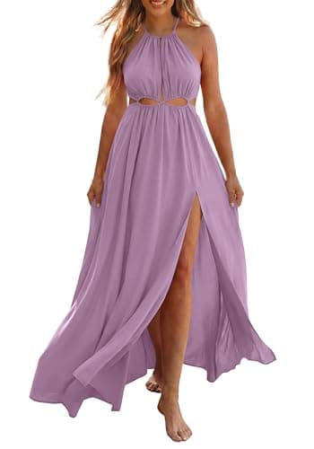 BTFBM Women Halter Summer Dresses 2026 Sleeveless Cutout Backless Sundress Slit Boho Maxi Beach Wedding Guest Dress(Purple, Large) - Image 1