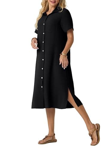 HiMONE Women’s Casual Shirt Dress Button Down Midi Dress Short Sleeve Collared Loose Fit Summer Dress with Pocket Side Slit - Image 1