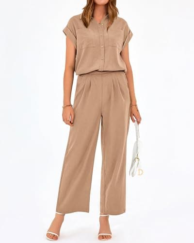PRETTYGARDEN Womens 2 Piece sets Summer Cap Sleeve Tops Palazzo Pants Dressy Casual Vacation Travel Outfits Tracksuits(Khaki,Medium) - Thumbnail 5