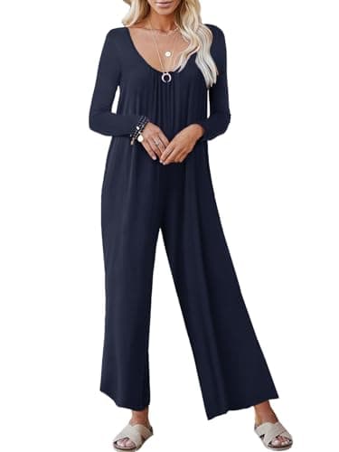 STOLKISS Women's Casual Loose Jumpsuits One Piece Long Sleeve Autumn Wear Wide Leg Long Pant Rompers With Pockets 2024 Blue - Thumbnail 2