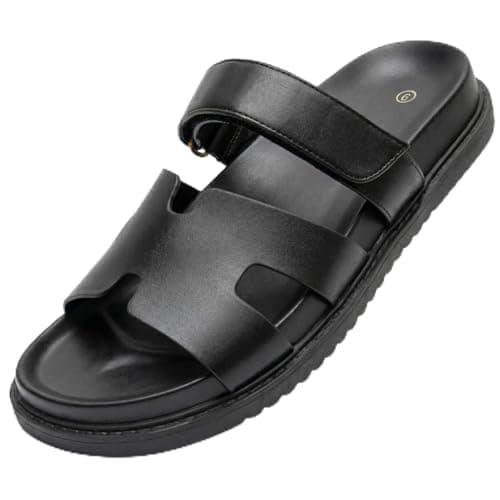 KENMITDY Men's Slide Sandals Adjustable Velcro Strap Comfortable PU Leather Open Toe Summer Shoes Non-Slip Thick Sole Casual Slides for Indoor Outdoor Beach Daily Wear Black Size 8 - Image 1