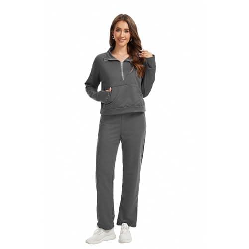 Anyshe Women's 2 Piece Sweatsuit Set Lounge Set Half Zip Sweatshirt with Kangaroo Pocket Thumb Holes Wide Leg Drawstring Pants Casual Tracksuit for Travel Daily Wear, Charcoal Grey, X-Large - Thumbnail 4