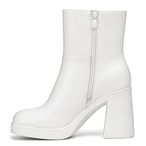 Athlefit Women's Platform Ankle Boots High Chunky Block Heel White Boots Square Toe Fashion Dress Heeled Booties Size 5.5 - Thumbnail 2