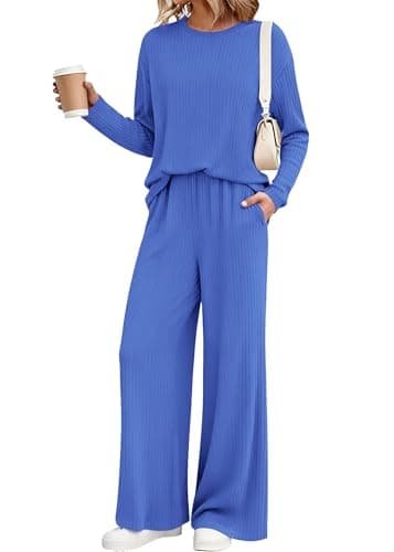 KIRUNDO Spring 2 Piece Lounge Sets for Women Long Sleeve Ribbed Knit Tops Wide Leg Pants Matching Travel Outfits Postpartum(Blue, Small) - Image 1