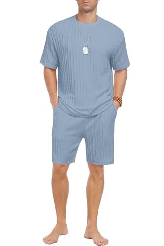 PrinStory Mens Pajamas Set Summer Pjs Sets Lightweight Short Sleeve Pajama Shorts Set Soft Sleepwear Loungewear with Pockets Gray Blue-XL - Thumbnail 4