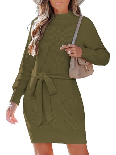 SunnyMelody Womens Mock Turtleneck Self Tie Waist Belt Sweater Dress Fall Winter 2025 Trendy Business Casual Outfits Ladies Dressy Ribbed Knit Long Sleeve Mini Dresses Khaki Green M - Image 1