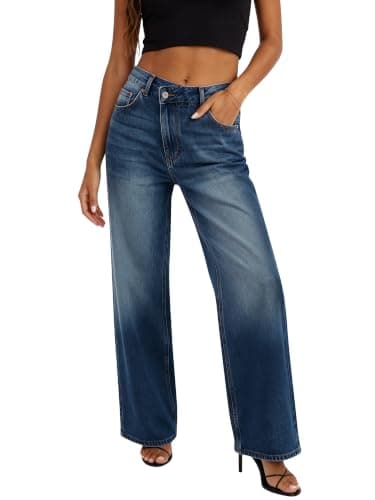 HDLTE Women Crossover Wide Leg Jeans - Stretch Baggy High Waisted Trendy Boyfriend Jeans with Crisscross Y2K 90s Style - Image 1