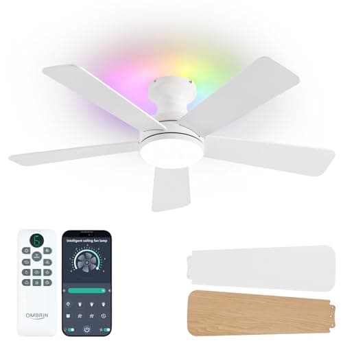 Ombrin 42 Inch Ceiling Fan with Lights, RGB Ceiling Fan with Light, App & Remote Control, Flush Mount Low Profile, Reversible, 3CCT, Dimmable LED, Noiseless, White Ceiling Fan for Bedroom - Image 1