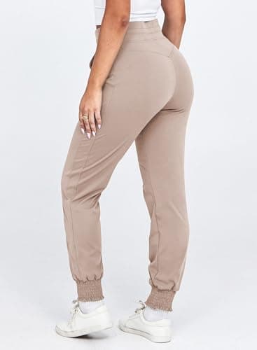 Dokotoo Womens Joggers Elasticity Workout Pant High Waisted Drawstring Dress Lounge Sweatpants Casual Athletic Spring Summer Outfits Trendy Women Pant with Side Pocket Fashion 2025 Khaki Medium - Thumbnail 5