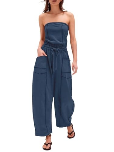 Sexyasasii Summer Jumpsuit for Women Strapless Sleeveless Drawstring Casual Jumpsuits Wide Leg Pants Off Shoulder Pull on One piece Jumpsuits with Pockets - Image 1