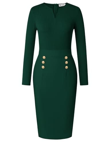 GRACE KARIN Women's 2026 Fall Henly V Neck Business Work Dress Long Sleeve Bodycon Midi Elegant Office Sheath Dress Dark Green Small - Image 1