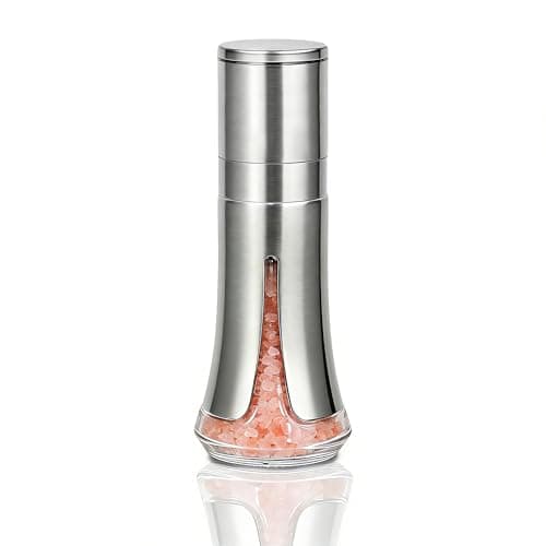 Aelga Salt Grinder with Silicone Funnel - 4oz Glass Manual Mills with Adjustable Ceramic Core & Stainless Steel Sleeve, Refillable Kitchen Gadget