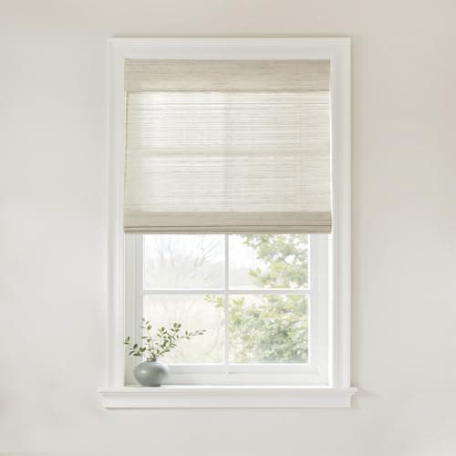 TWOPAGES Woven Bamboo Cordless Roman Shades, Custom No Drill or Motorized Blinds with Remote for Indoor Windows, Wall White - Image 1