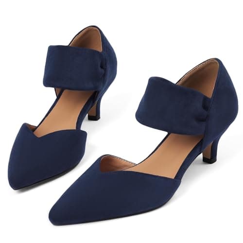 COMFITORIA Womens Low Kitten Heels Closed Pointed Toe Slip on Pumps Ankle Strap Heels Sexy Elegant Bridal Party Dressy Shoes, Blue, Size 7