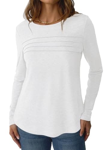 NORACORA Long Sleeve Shirts for Women Pleated Dressy Crew Neck Casual Business Blouses Trendy Fashion Tunic Basic Tops White S - Thumbnail 4