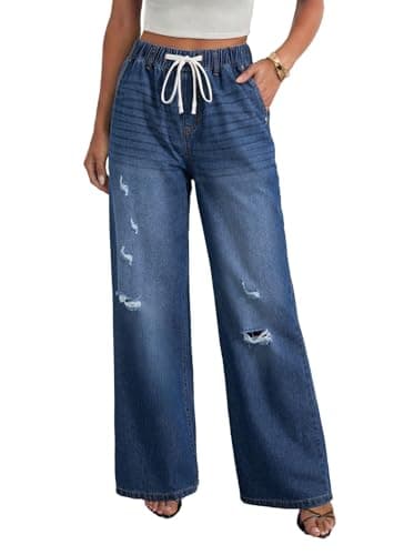 Dokotoo Wide Leg Loose Fit Stretch Ripped Jeans for Women Casual Mid Rise Cargo Jeans Drawstring Denim Pants Baggy Pants for Women Sail Blue 2026 - Image 1