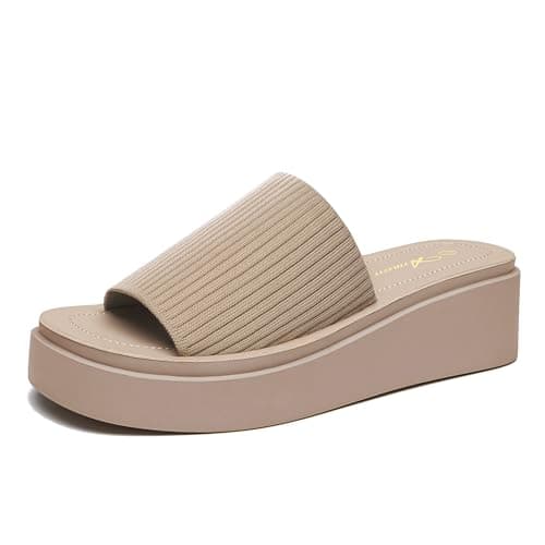 Athlefit Women's Slip On Platform Sandals Comfortable Open Toe Summer Flatform Slide Sandals, Nude, Size 9, AD01432 - Image 1