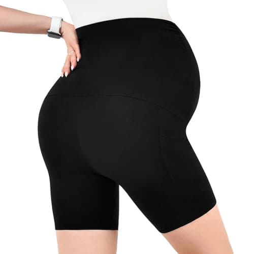 Walifrey Women's Maternity Shorts with Pockets Over The Belly,Pregnancy Yoga Pants Activewear Biker Shorts Casual Black L - Thumbnail 5