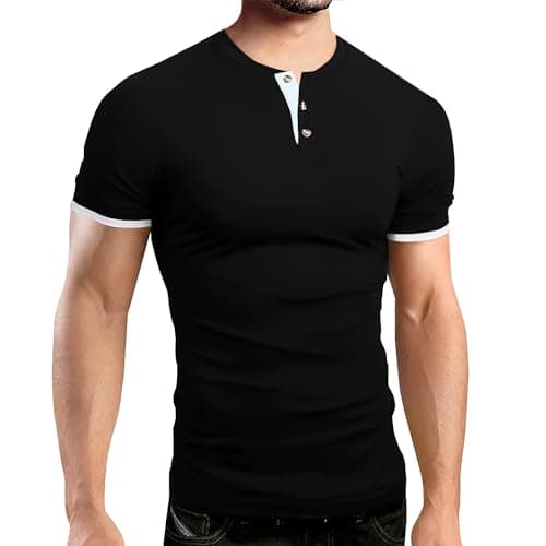 Gnvviwl Men's Casual Stretchy Henley Shirts Short Sleeve Fitted T Shirt Soft Stylish Tee Tops Black - Image 1
