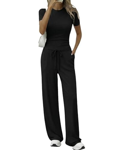 Flevita 2 Piece Set for Women Short Sleeve Slim Tee Tops and High Waisted Wide Leg Pants with Pockets Soft Lounge Sets Airport Travel Outfits Black XXL 31" Inseam - Image 1