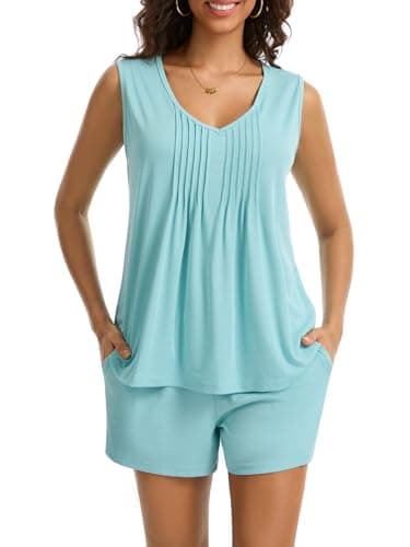 RAMOUG Women's Ribbed Two Piece Outfits Summer V Neck Tank Top Matching Lounge Shorts Set Casual Sports Short Sets with Pockets Lightblue M - Image 1
