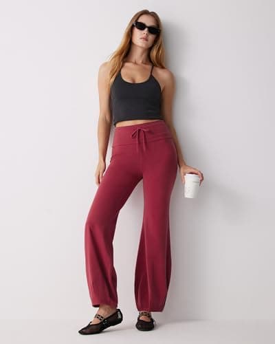 MOOSLOVER Women Quick Step Bubble Pants Drawstring High Waist Flare Leggings Casual Lounge Yoga Active Pant(XL,Burgundy) - Thumbnail 6