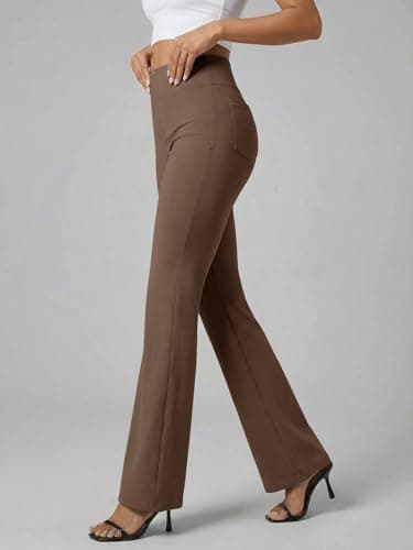 Dokuritu Womens Slacks for Work Tummy Control Stretchy Flare Pants Pull On Bootcut Business Casual High Waist Trousers with Pockets Caramel - Thumbnail 3