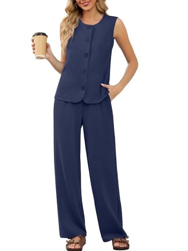 Casly Lamiit 2 Piece Outfits for Women Dressy Casual Lounge Sets Sleeveless Vest Wide Leg Pants Suits Travel Airport Office Work Outfit Navy Blue 2XL - Thumbnail 2