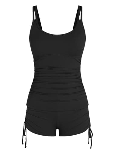 ZAFUL Tankini Swimsuits Tops for Women Black Slimming Swim Ruched Tank Top Two Piece Full Coverage Slim Swim Suits with High Waisted Shorts Black XL - Thumbnail 2