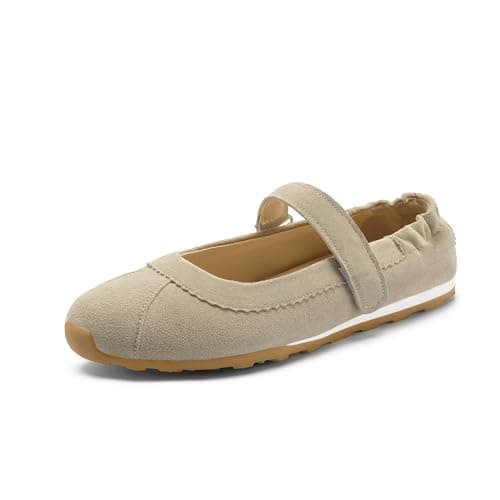 Tigeridea Mary Jane Ballet Sneakers Suede Flat Dressy Shoes, Beige, 9.5 - Image 1