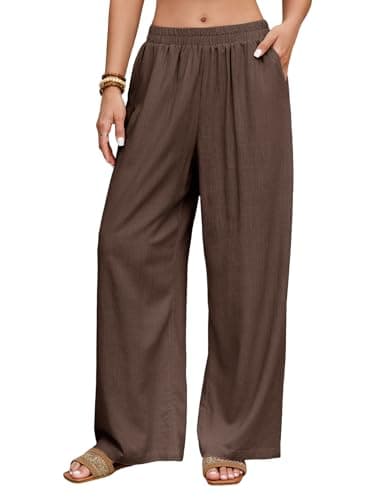 HEEKPEK Women Brown Linen Pants Wide Leg Summer Flowy Elastic Waist Palazzo Beach Vacation Clothes Travel Trousers with Pockets (Coffee,XX-Large) - Image 1