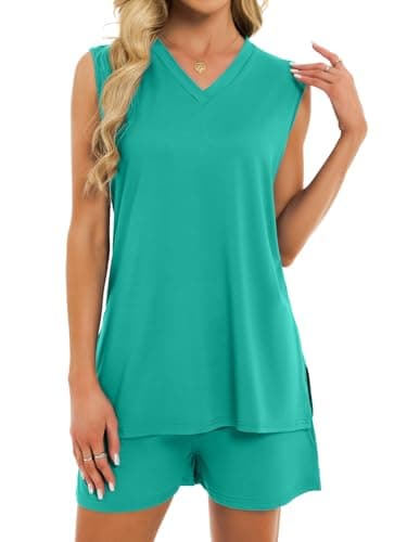 VUTRU Womens Lounge Set 2 Piece Summer Outfits Matching V Neck Tank Top and Shorts with Pockets Lounge Beach Vacation Casual Aqua Green L - Image 1