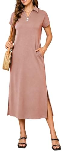BEXIBOOM Women's Maxi Dress with Sleeves, Summer Casual Cap Sleeve V Neck Collared Shirt Dress with Pockets, Side Slit Long Vacation Beach Dress Red Gray-L