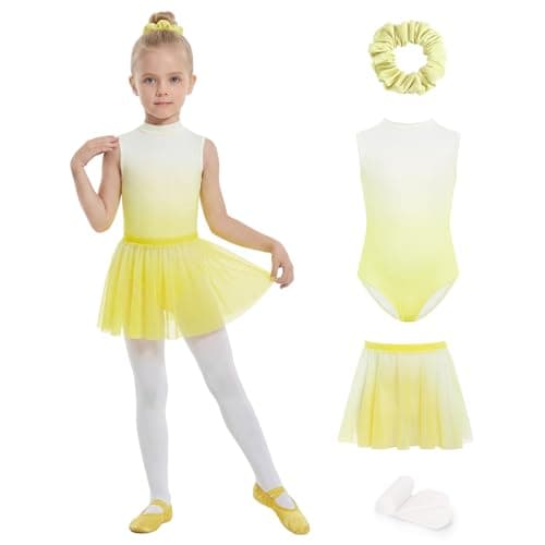JiAmy Ballet Leotards for Girls 4 Pcs with Removable Skirt Gradient Color Dance Dress Outfit Combo Tights Scrunchy 7-8Y,Yellow - Image 1