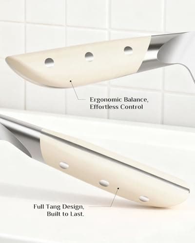 Haugo Kitchen Knife Set with Block: 14-Piece German Stainless Steel Full Tang Professional Knife - Comfortable Grip Reduces Hand Fatigue 30% - Dishwasher Safe & Sharpener - White Knife Set for Cooking - Thumbnail 5