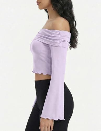 ZAFUL Womens Cute Tops Off Shoulder Blouse Long Sleeve Ribbed Knit Y2K Clothes Casual Fitted Date Night Outfit Shirt Purple L - Thumbnail 4