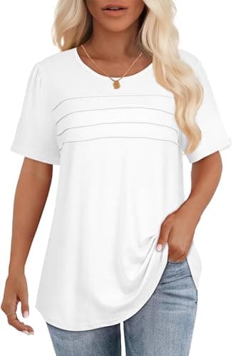Short Sleeve Tops Womens T Shirts Blouses Dressy Casual Pleated Front Loose fit Outfit 2026, White Color, L - Image 1
