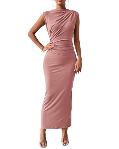 BTFBM Women Ruched Bodycon Maxi Dresses Summer Casual Sleeveless Lightweight Slit Elegant Cocktail Wedding Guest Dress(Pink, Medium) - Image 1