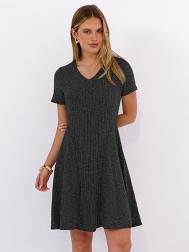 ANRABESS Womens Summer Dresses Casual Short Sleeve Ribbed Knit V Neck Swing A-Line 2026 Spring Vacation Tunics Short Dress Black Large - Thumbnail 6