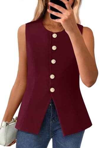BTFBM Summer Sleeveless Blazer Vest For Women Dressy Button Down Round Neck Business Casual Outfits Work Suit Vests Tops(Burgundy, X-Small) - Image 1