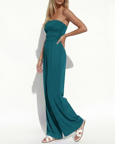 BTFBM Jumpsuits For Women Summer 2026 Beach Vacation Strapless Tube Top Jumpsuit Ruched Casual Wide Leg Pant Rompers(Blue Green, X-Large) - Thumbnail 4